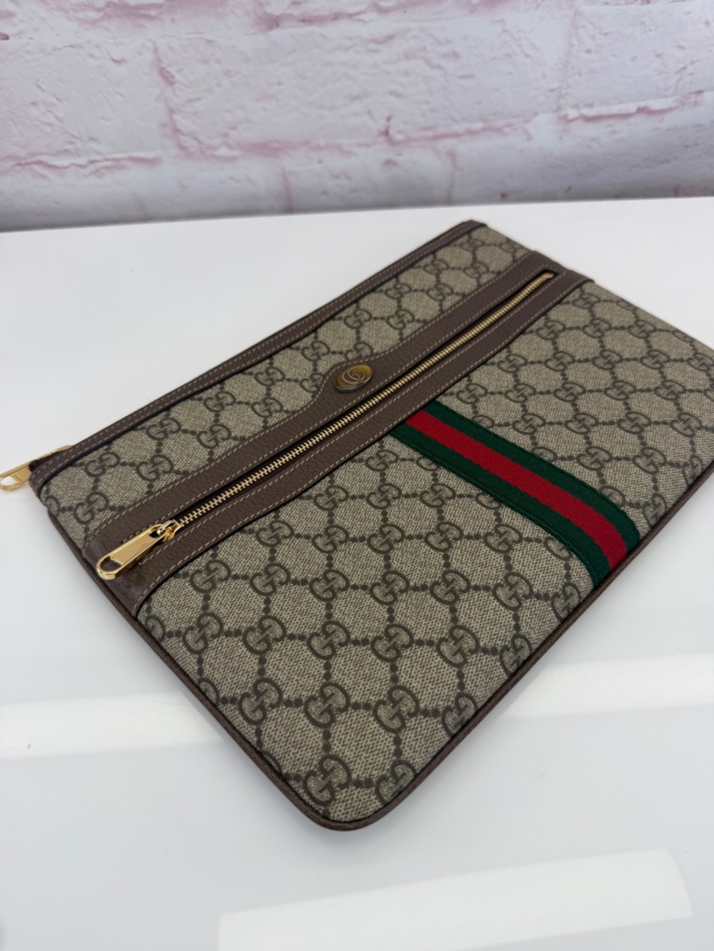 Gucci GG Supreme Ophidia Canvas Pouch Clutch with Web Stripe - Brown/Tan - Picture 5 of 14